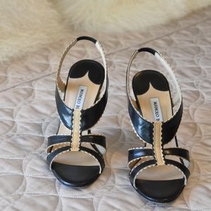 MANOLO BLAHNIK Black and Tan Spectator Sandal High Heel Size 6 1/2